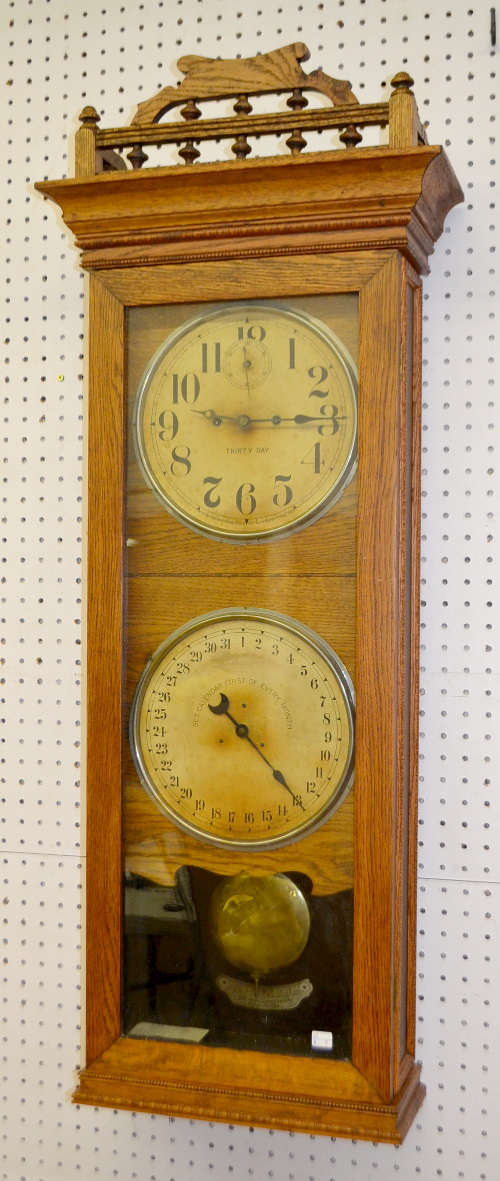 Antique New Haven Hanging Double Dial Calendar Clock