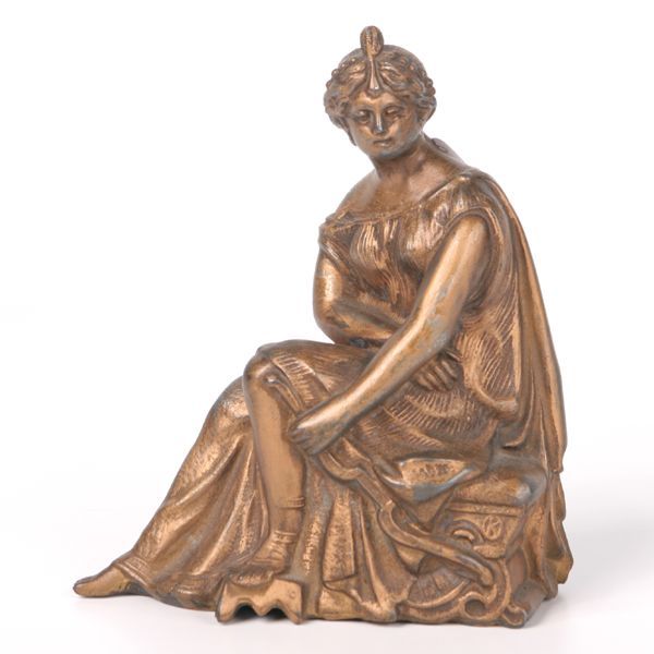 Late 19th century Victorian figural clock statue of lady with bow sitting on classical stool