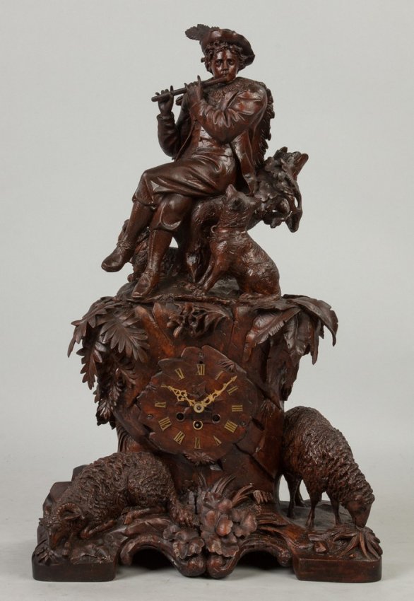 Carved Black Forest Clock with Figure Playing Flute,