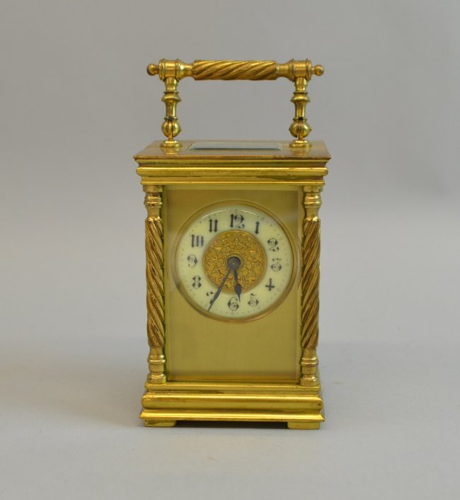 Brass and glass carriage clock with drum movement, 15cm