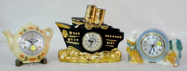 3 Vintage Figural Pottery & Metal Clocks