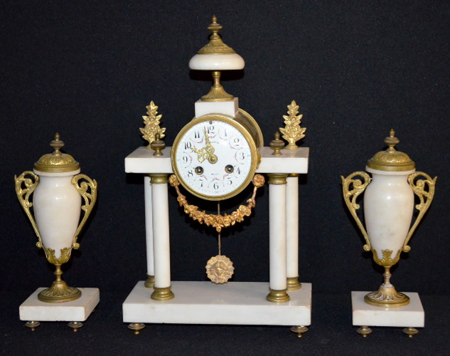 Antique French Vincenti White Marble Portico Clock Set