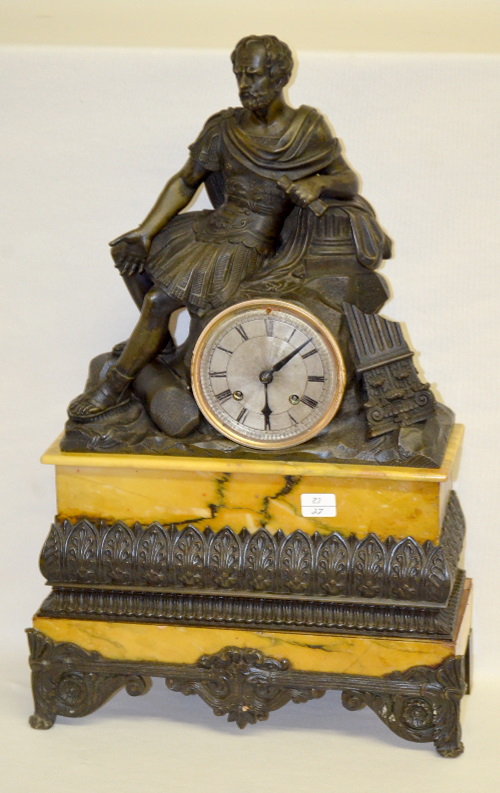 Antique French Roman Soldier Statue Clock, Marble and Metal