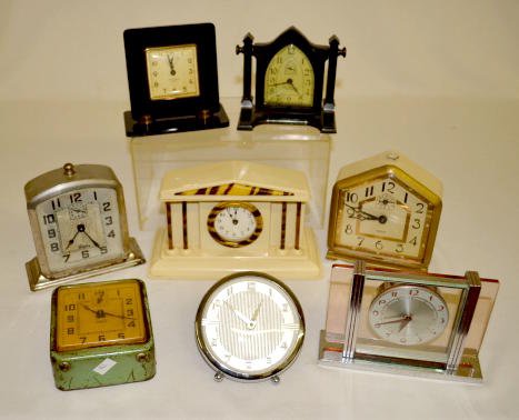 8 Antique Alarm & Dresser Clocks; Ingraham, Lux +