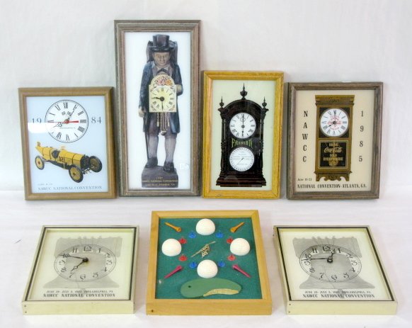 6 Framed NAWCC Clocks & 1 Golf
