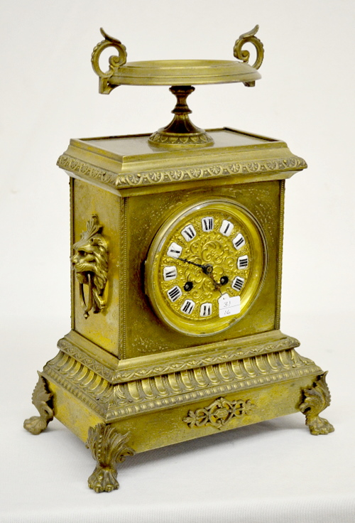 Antique French Brass Shelf Clock with Lion Heads