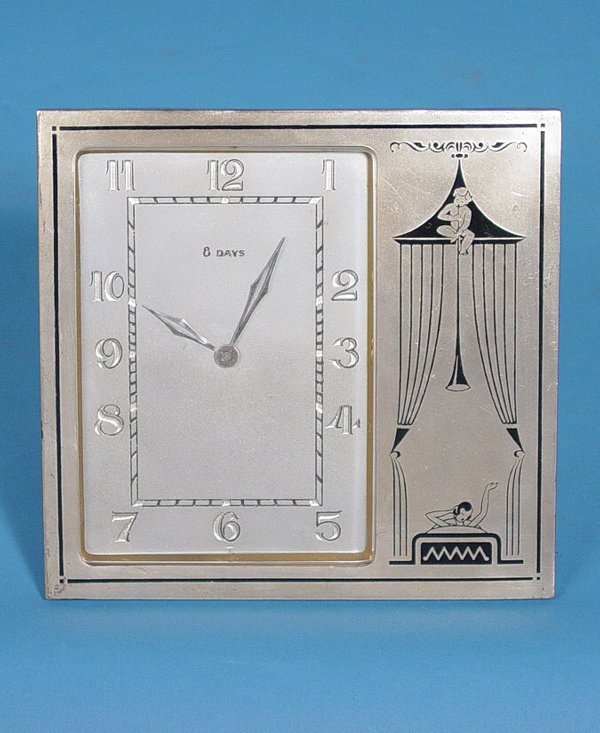 Swiss Art Deco Silvered & Enamel Strut Clock