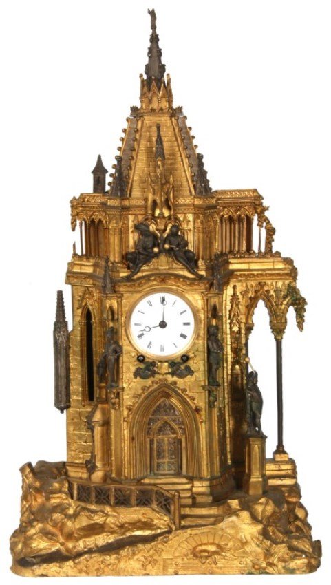 French Bronze Animated Gothic Steeple Clock