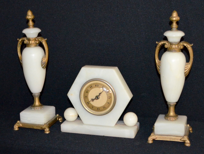 Antique White Onyx Art Deco Clock Set