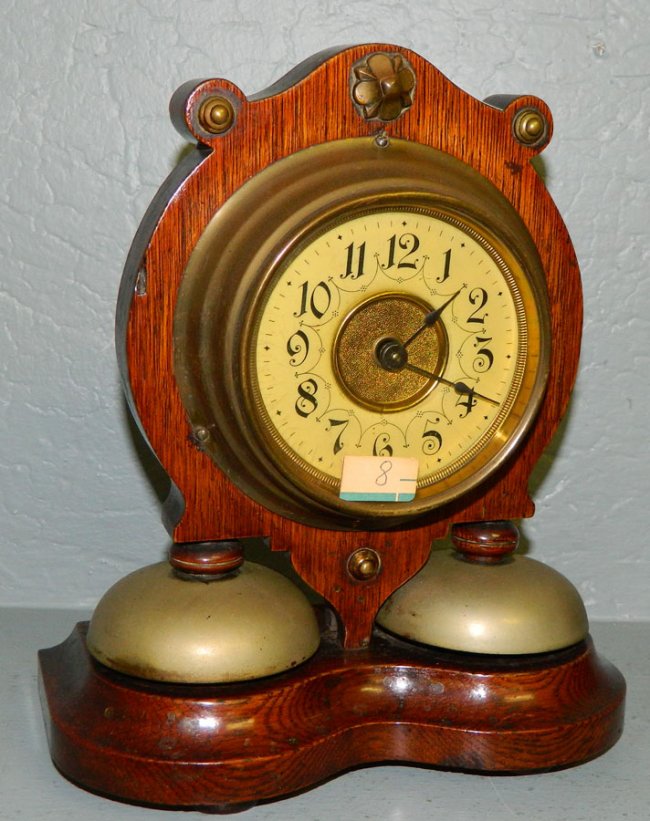 1 day German oak alarm clock w/iron bells.