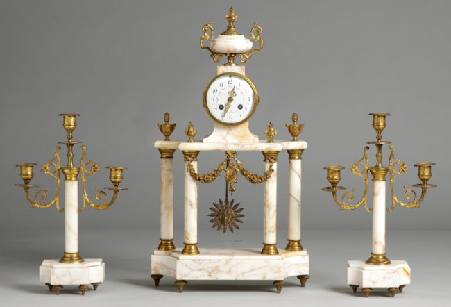 French Bronze & Marble 3 Piece Clock Set