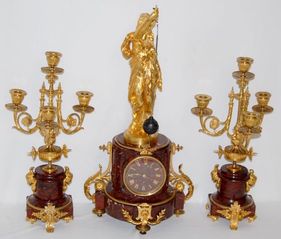 French Bronze & Marble Conical Clock Set