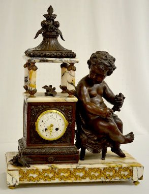 French Bronze & Marble Clock, Large Cherub & Birds
