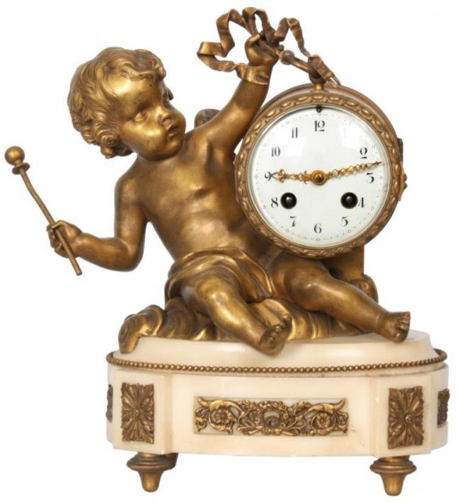 French Figural Marble & Bronze Mantle Clock