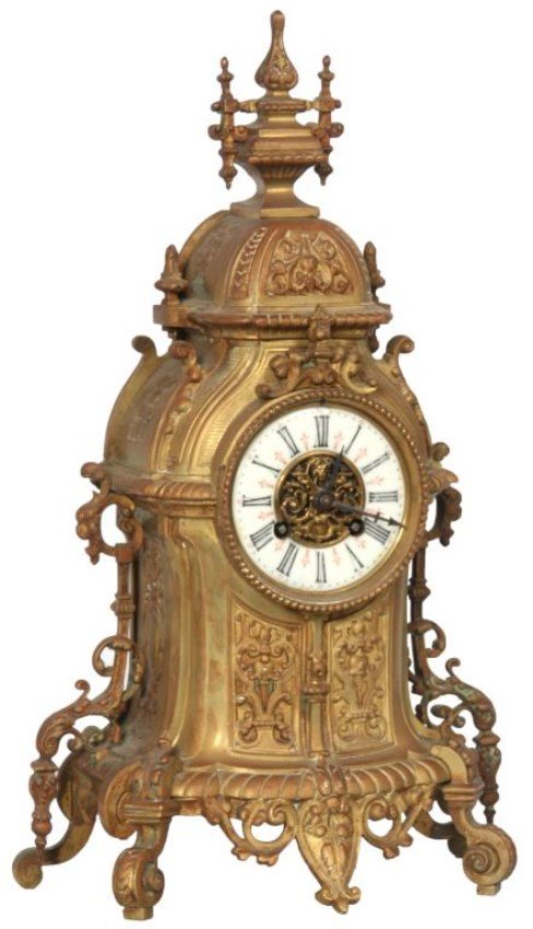 French Gothic Brass Mantle Clock