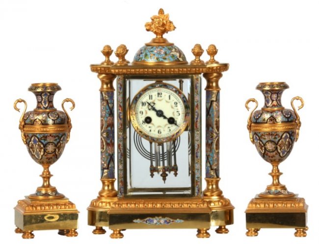 3 Pc. French Bronze & Champleve Clock Set