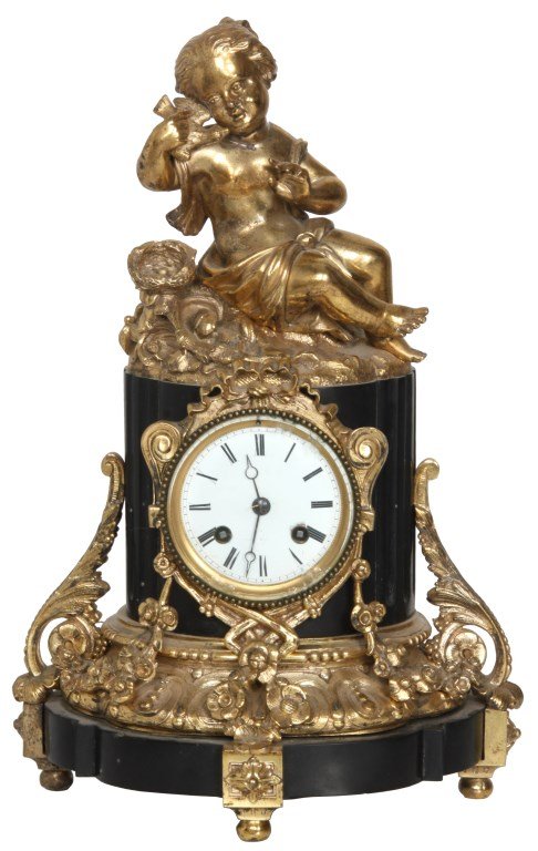French Figural Bronze & Marble Clock