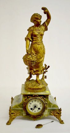 French Green Onyx Lady Statue Clock, “Pommes”