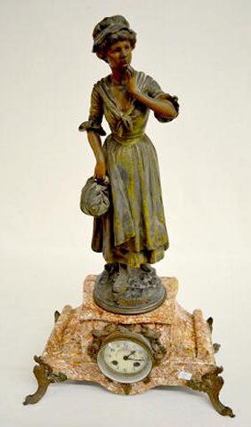 French Lady Figural Clock, “Manon” w/Marble Base