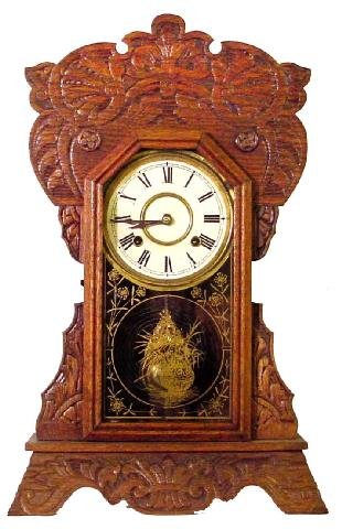 Oak Kitchen Clock w/Swirled Leaf Motif, Ca. 1900