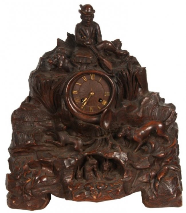 Black Forest Carved Hunting Theme Mantle Clock