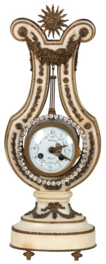 French Marble Lyre Rhinestone Mantle Clock