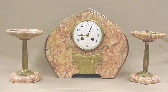 Leleu Marble Mantle Clock w/ Side Pillars, 10″ Tall