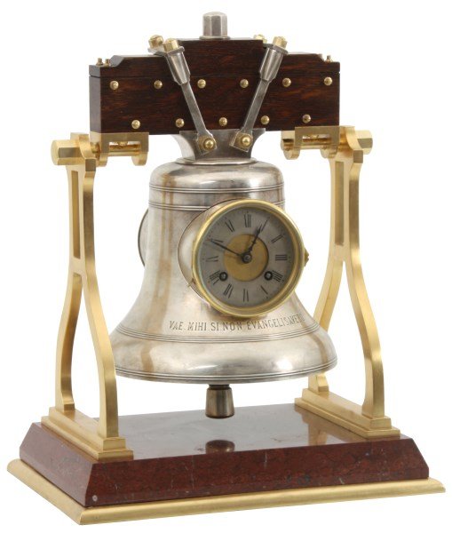 French Industrial Marble & Bronze Bell Clock