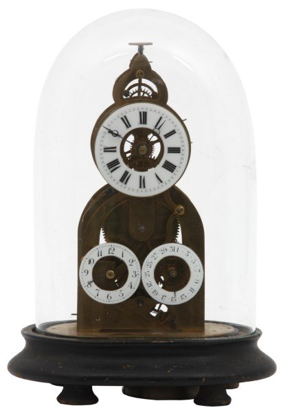 Brass Triple Dial Skeleton Clock Under Dome