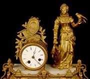 French Spelter & Alabaster Clock w/Lady & Bird