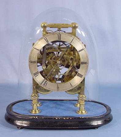 2 Train Brass Skeleton Clock w/Glass Dome