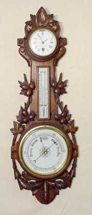 Oak Carved Clock w/Barometer & Thermometer
