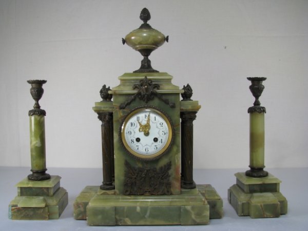 FRENCH ONYX MANTLE CLOCK & GARNITURE SET