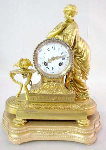 French Dore Figural Clock w/Lady & Fruit