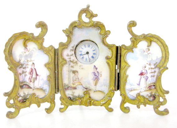 French Enamel & Bronze Triptych Mini Clock