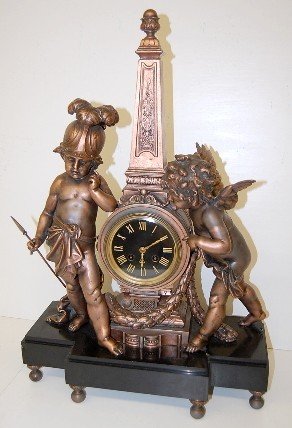 French Marble & Bronze Cherub Statue Clock
