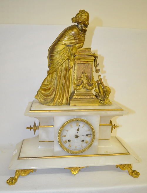 Antique French Alabaster and Gilt Statue Clock