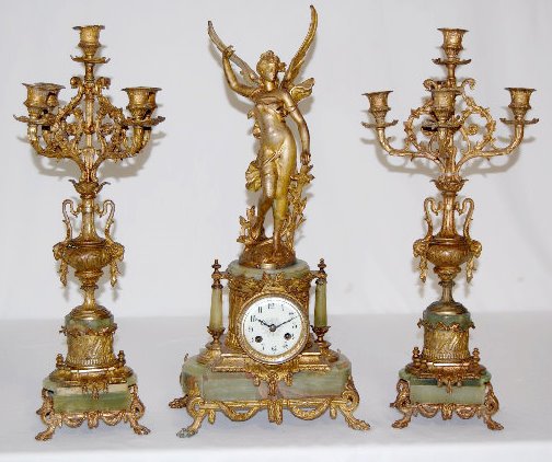 French 3 Pc. Clock Set, “LaVictoire” w/Winged Angel