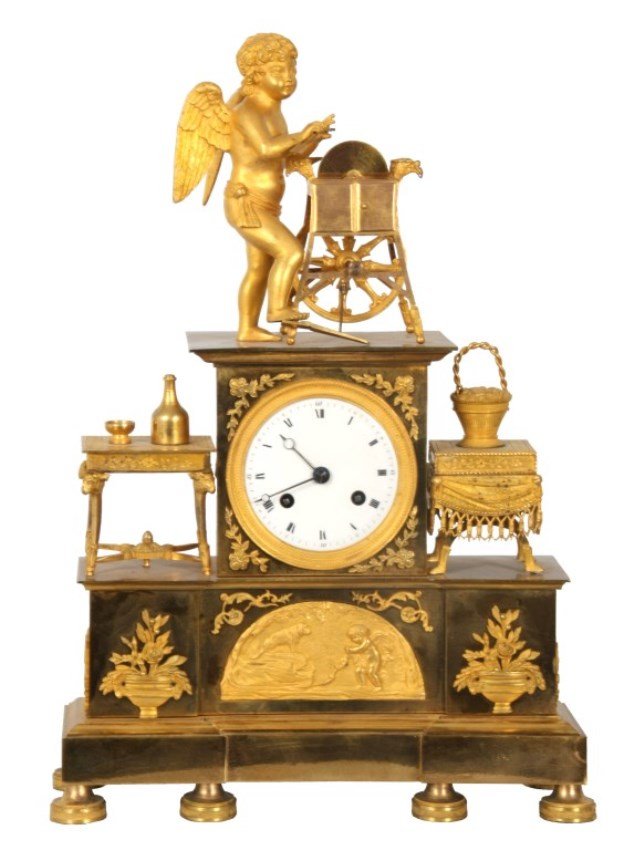French Silk Thread Bronze Cupid Clock
