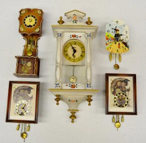 5 German Miniature Hanging Clocks, Hummel +