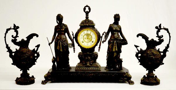 Ansonia Double Statue T&S Clock & 2 Urns