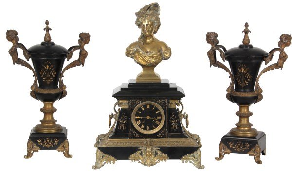 3 Pc. Marble & Bronze Figural Clock Set