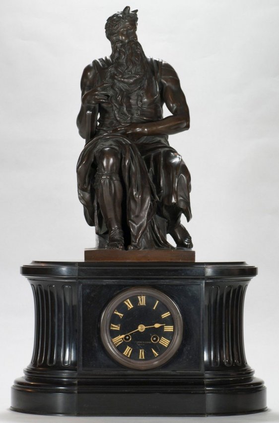 Bronze + Onyx Figural Clock w/ Bronze Zeus After
