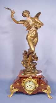 French Spelter and Marble Statue Clock