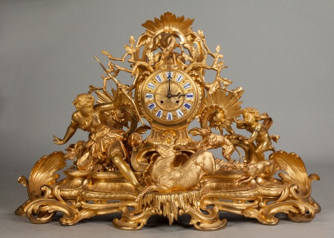 Monumental French Gilt Bronze Mantle Clock