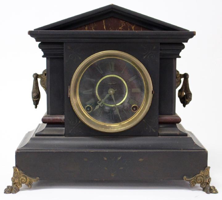 Early 20th century ebonized wood case mantel clock by Elias Ingraham Clock Co