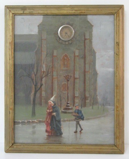 Oil Painting on Board Wall Clock, Medieval Church