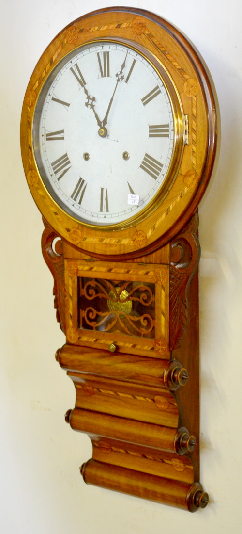 Antique Anglo-American Triple Scroll Inlaid Wall Clock