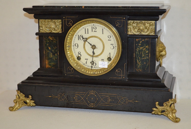 Antique Seth Black Enameled and Adamantine Mantel Clock