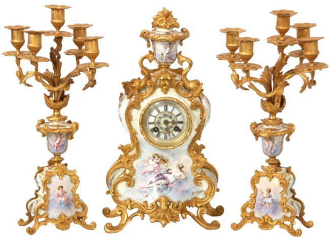 3 Pc. Sevres Porcelain Clock Set